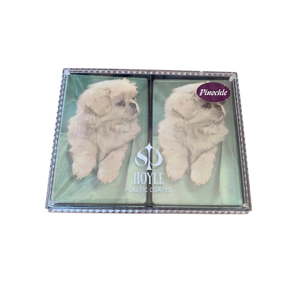 Hoyle Pinochle Cards Vintage 2 Decks w/Case Dog Pekingese Puppy Cards NIB